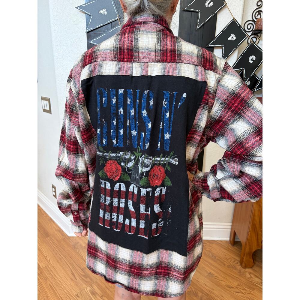 Guns N Roses Upcycled Flannel Shirt Unisex Size 2XLT Handmade